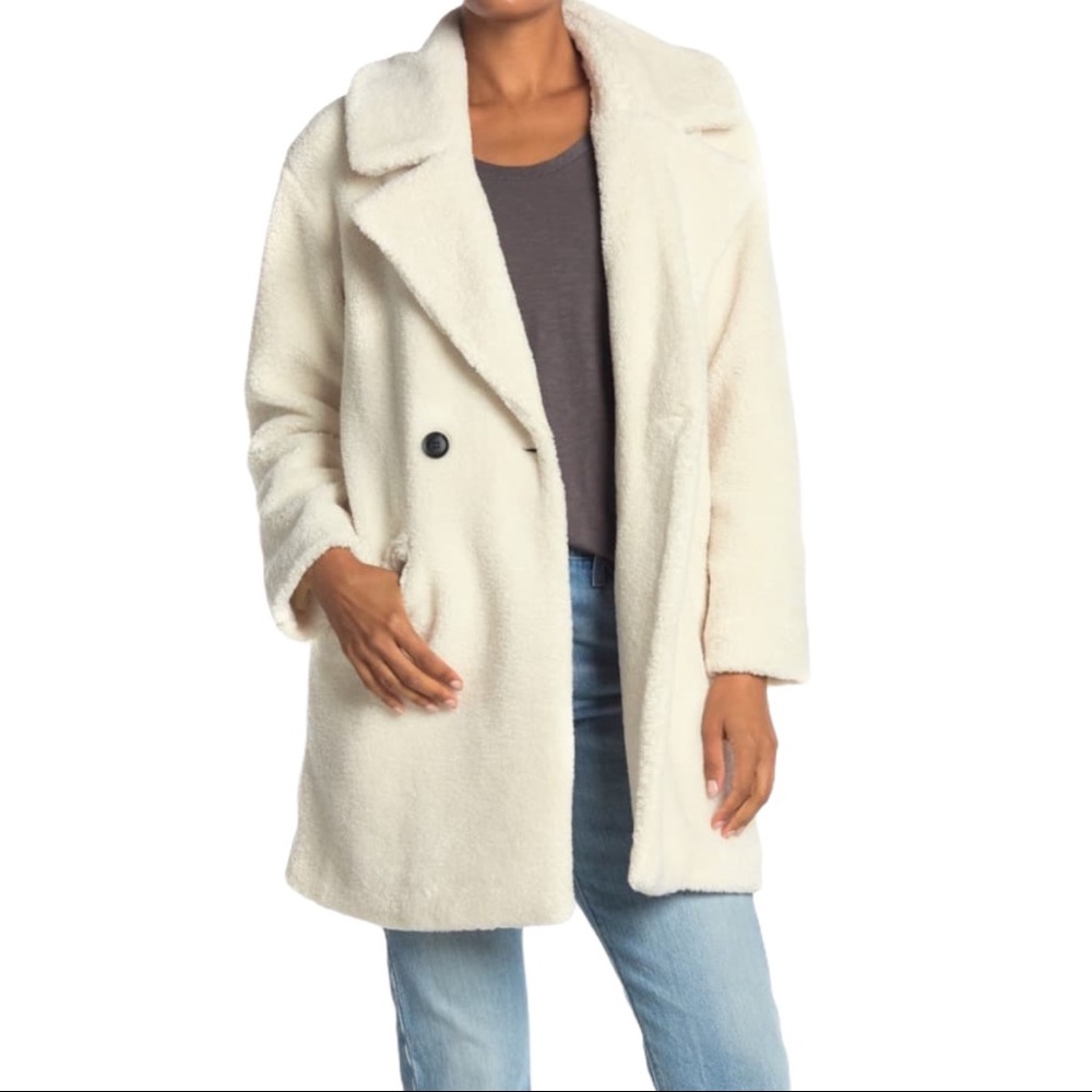 NWT Lucky Brand Double Breast Faux Teddy Fur Coat